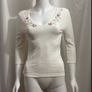Floral Embroidered V-Neck White Top